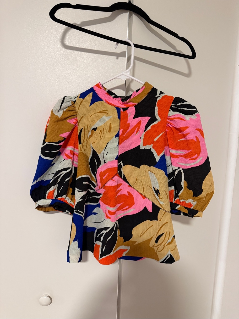 Ted Baker Multicolor Floral Puff-Sleeve Top in Pink, Black & Gold